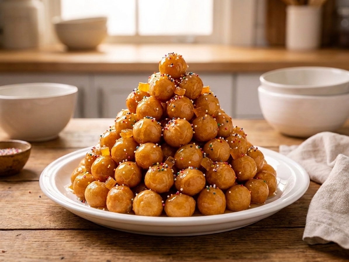 A finished plate of struffoli piled into a glossy mound with honey sheen and colorful sprinkles on a simple white platter on a kitchen table