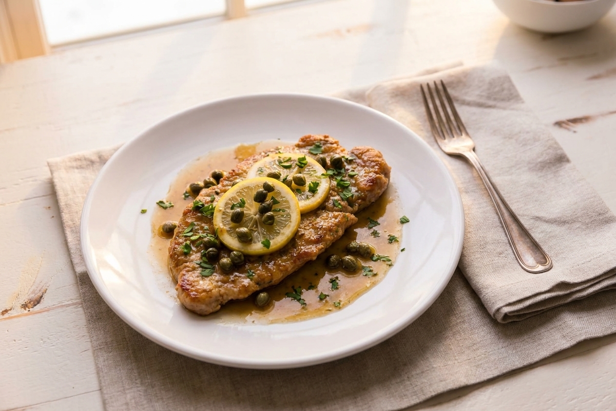 A finished plate of veal scallopini topped with capers and parsley, lemon slices on the side, and a simple dinner table setting in warm evening light