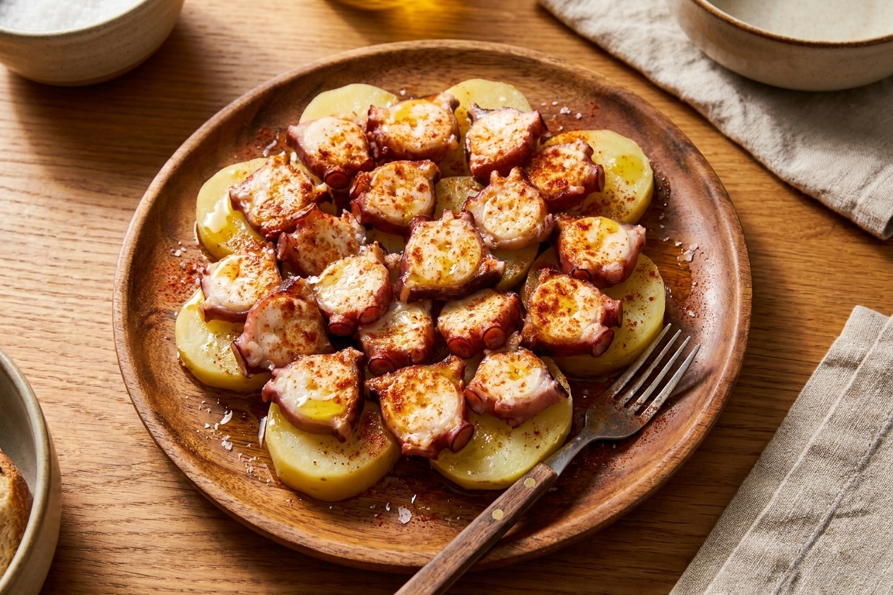 A finished platter of pulpo a la gallega with octopus slices over potatoes, smoked paprika scattered on top, and olive oil glistening under warm dining table light