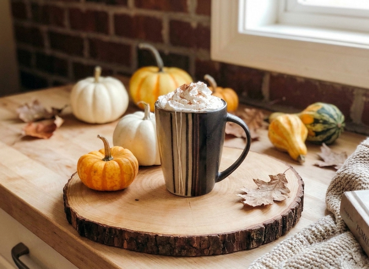A finished pumpkin latte in a mug with foamy top dusted with cinnamon on a cozy kitchen table setting