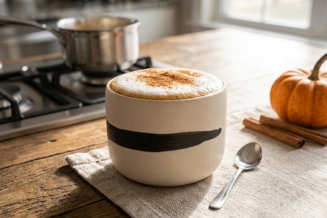 A finished pumpkin spice latte in a mug on a wooden kitchen table with a small spoon and a cozy napkin nearby