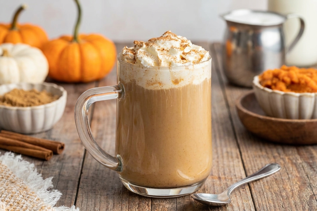A finished pumpkin spice latte topped with whipped cream and a dusting of cinnamon, sitting on a wooden table with a spoon beside it
