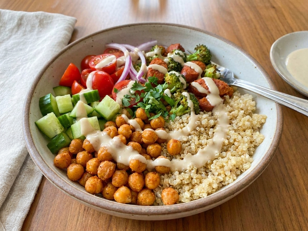 A finished quinoa bowl on a dining table with crispy chickpeas, fresh vegetables, and a creamy tahini drizzle