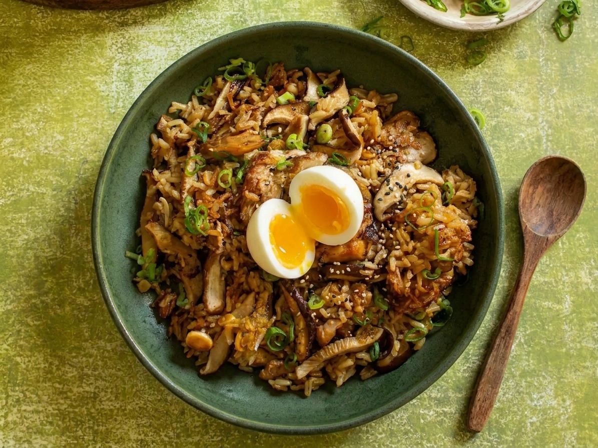 A finished rice bowl topped with glossy shiitake mushrooms, sliced scallions, sesame seeds, and a soft-boiled egg on a simple table setting
