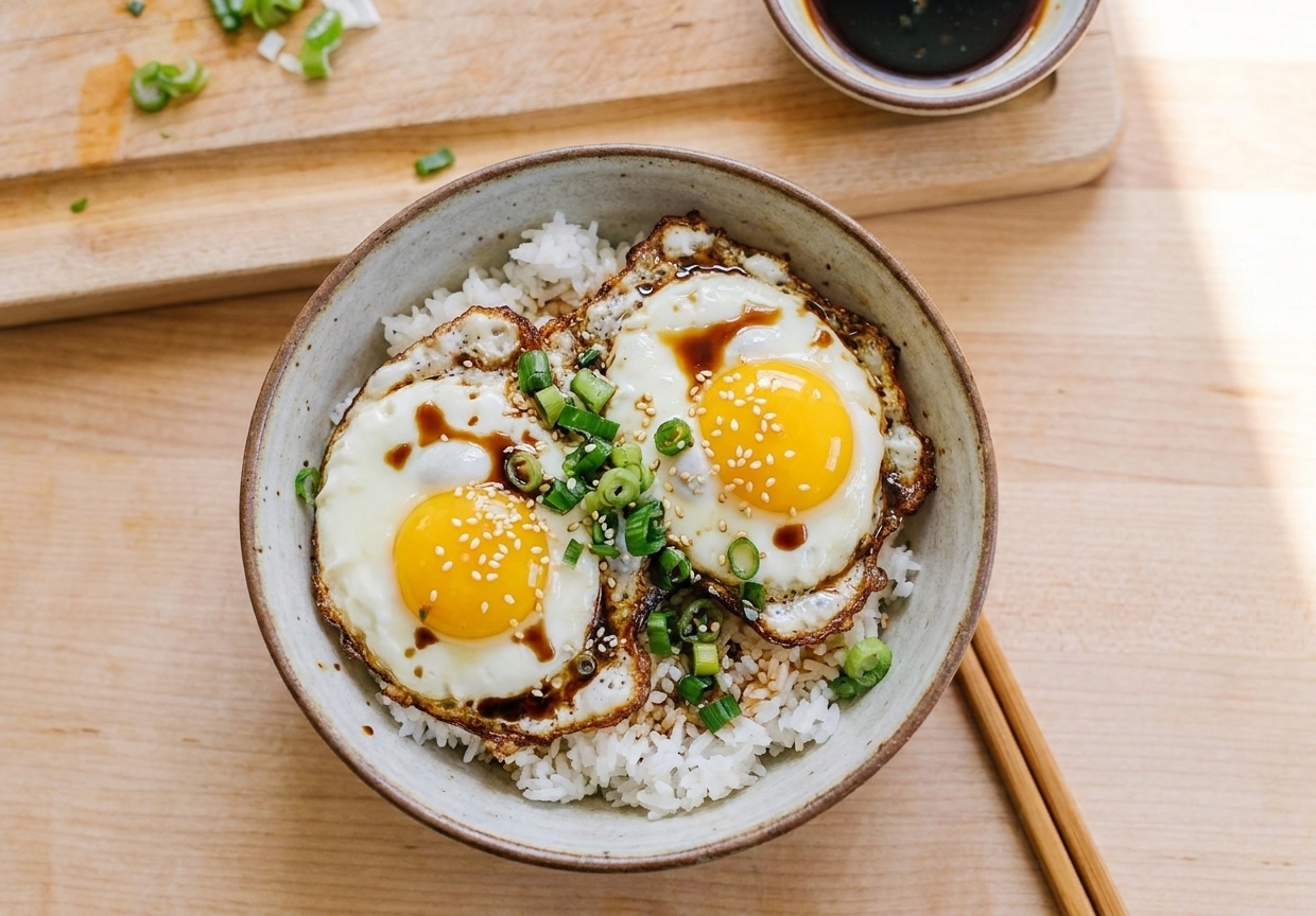 A finished rice bowl with crispy fried eggs, sesame seeds, scallions, and a glossy soy drizzle on a light kitchen counter