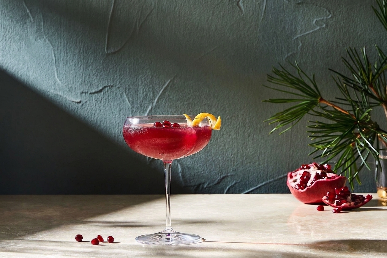 A finished ruby pomegranate martini in a coupe glass on a kitchen counter, garnished with pomegranate arils and a citrus twist
