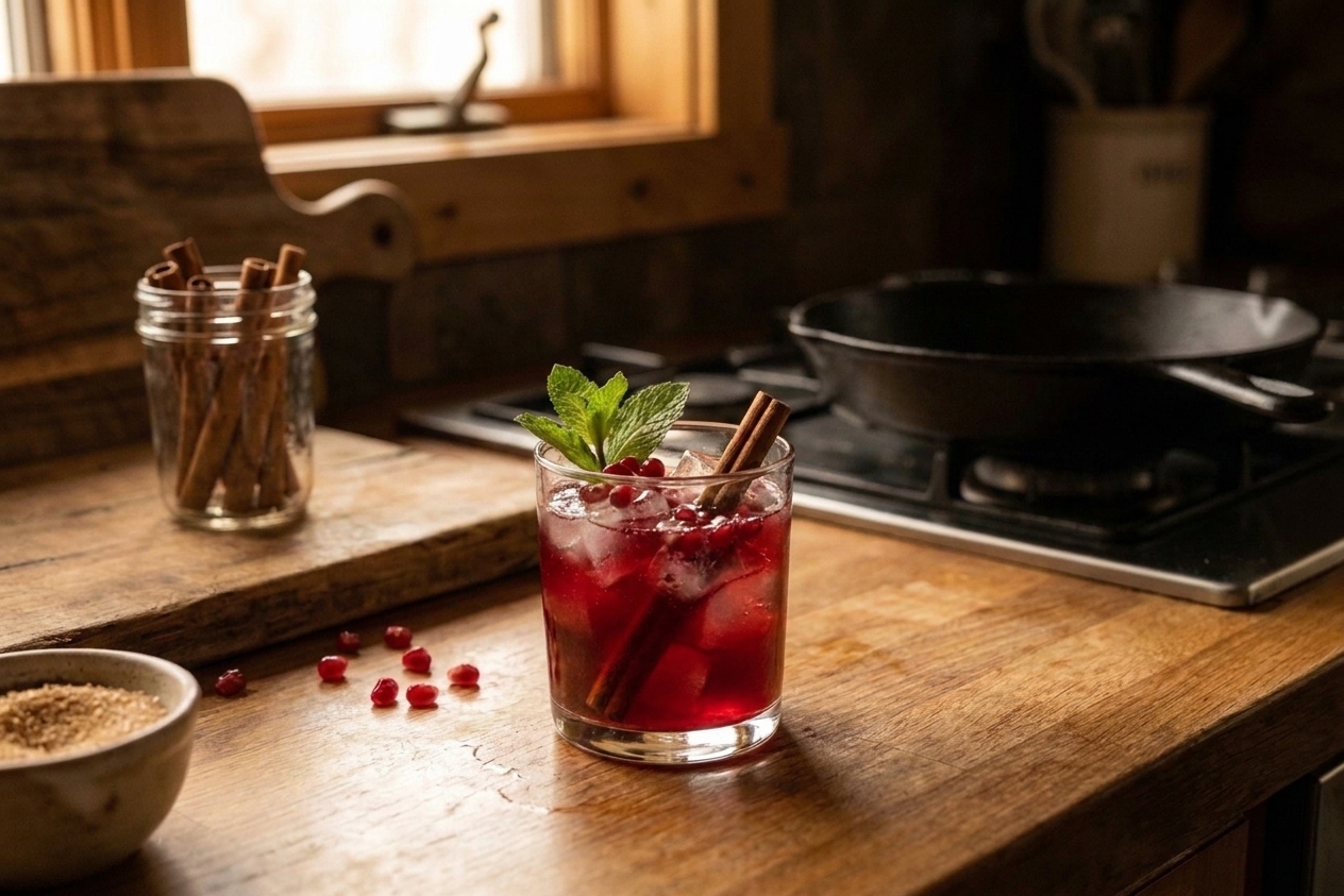 A finished ruby-red mocktail with a cinnamon stick garnish on a simple table setting, soft daylight and a cozy kitchen background
