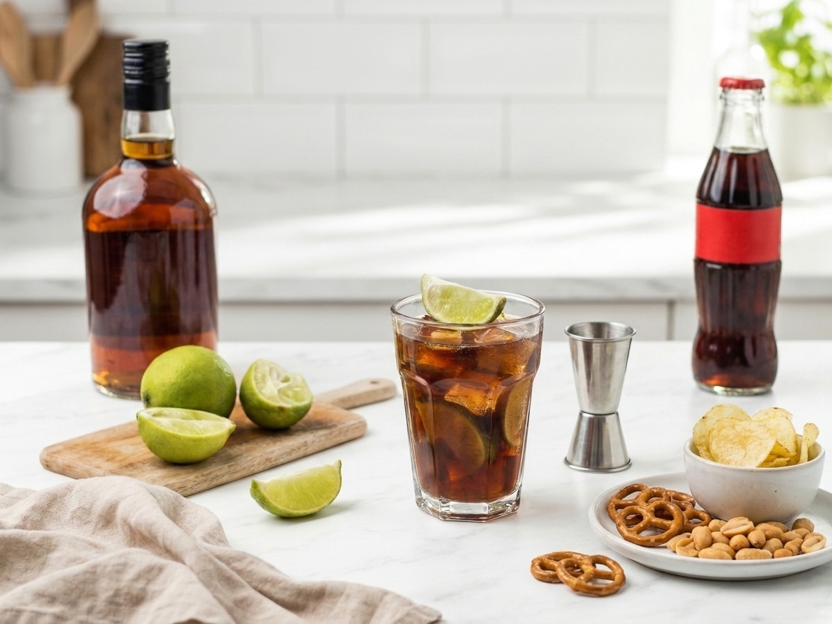 A finished rum and Coke with a lime wedge on a simple table setting next to a small plate of snacks