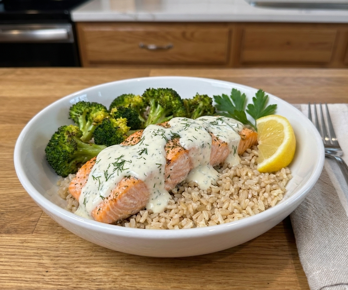 A finished salmon bowl with brown rice and roasted broccoli, topped with creamy lemon yogurt sauce on a kitchen table