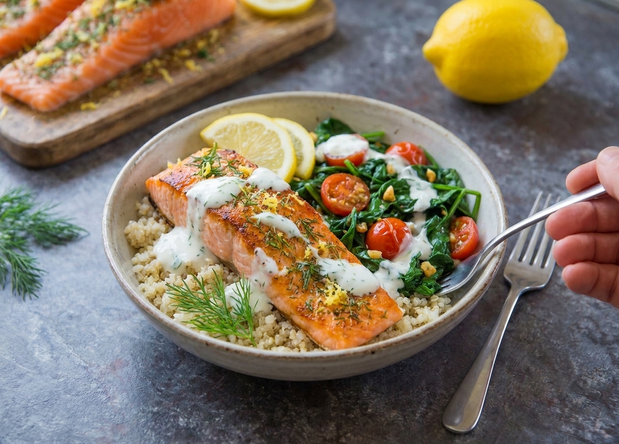 A finished salmon quinoa bowl topped with sautéed greens and a drizzle of lemon yogurt sauce, set on a simple table with a fork beside it
