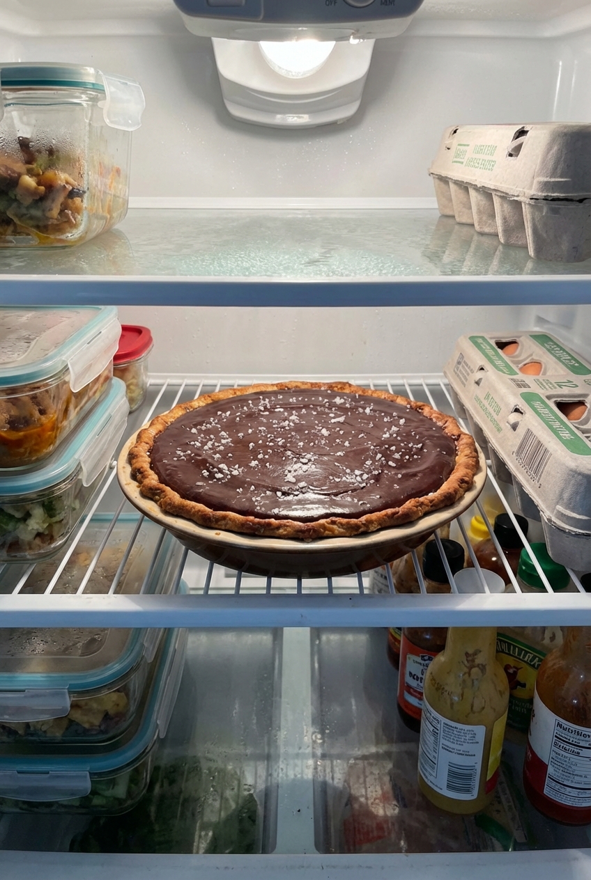 A finished savory chocolate pie with a glossy top cooling in the refrigerator