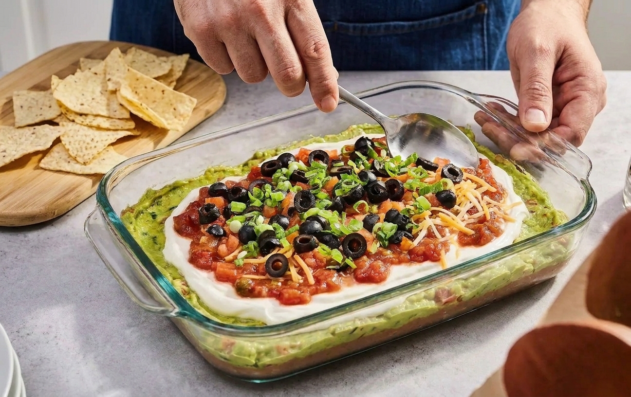 A finished seven layer dip in a glass dish on a table with tortilla chips ready for serving