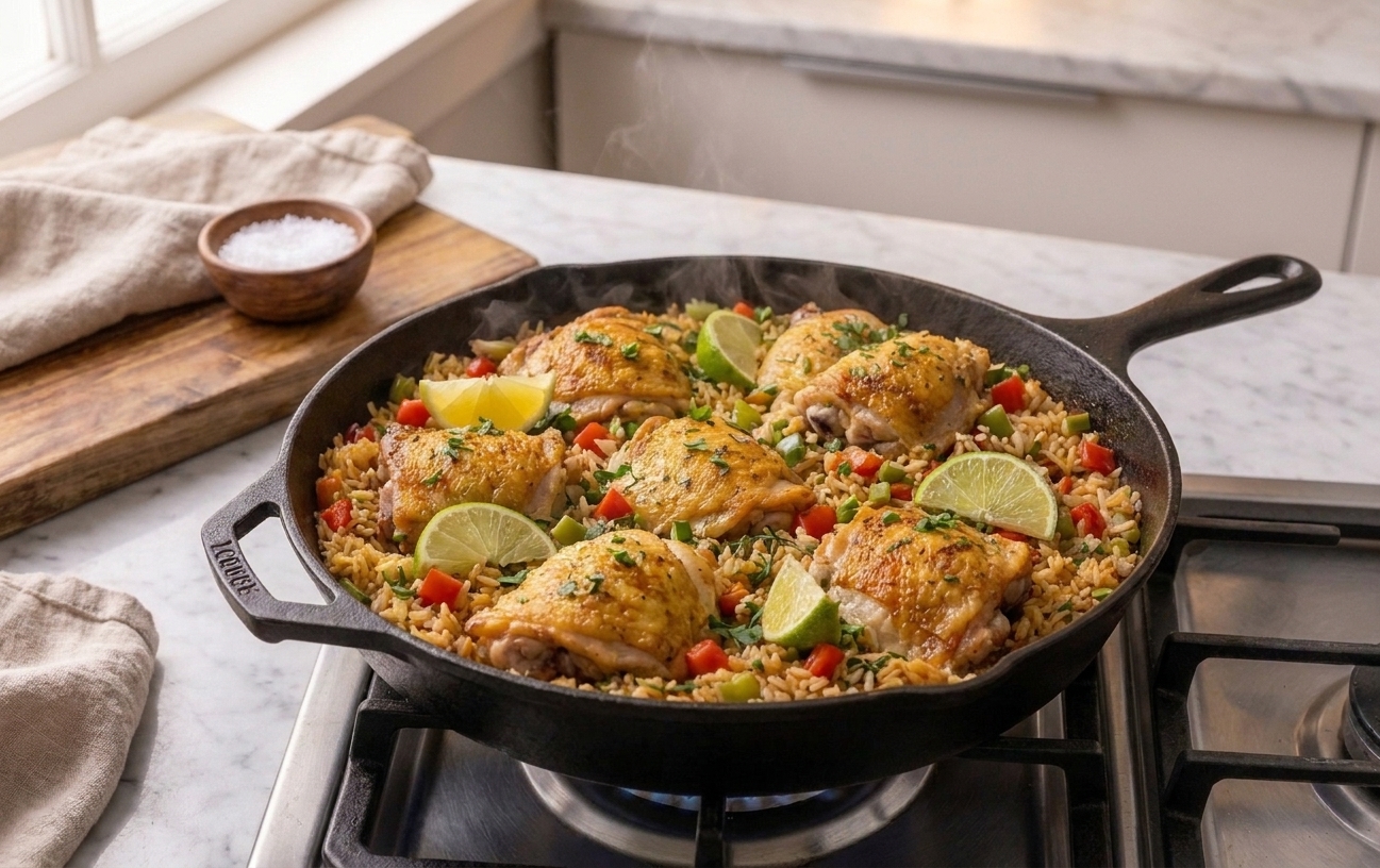 A finished skillet of chicken and rice topped with lime wedges and chopped cilantro on a stovetop