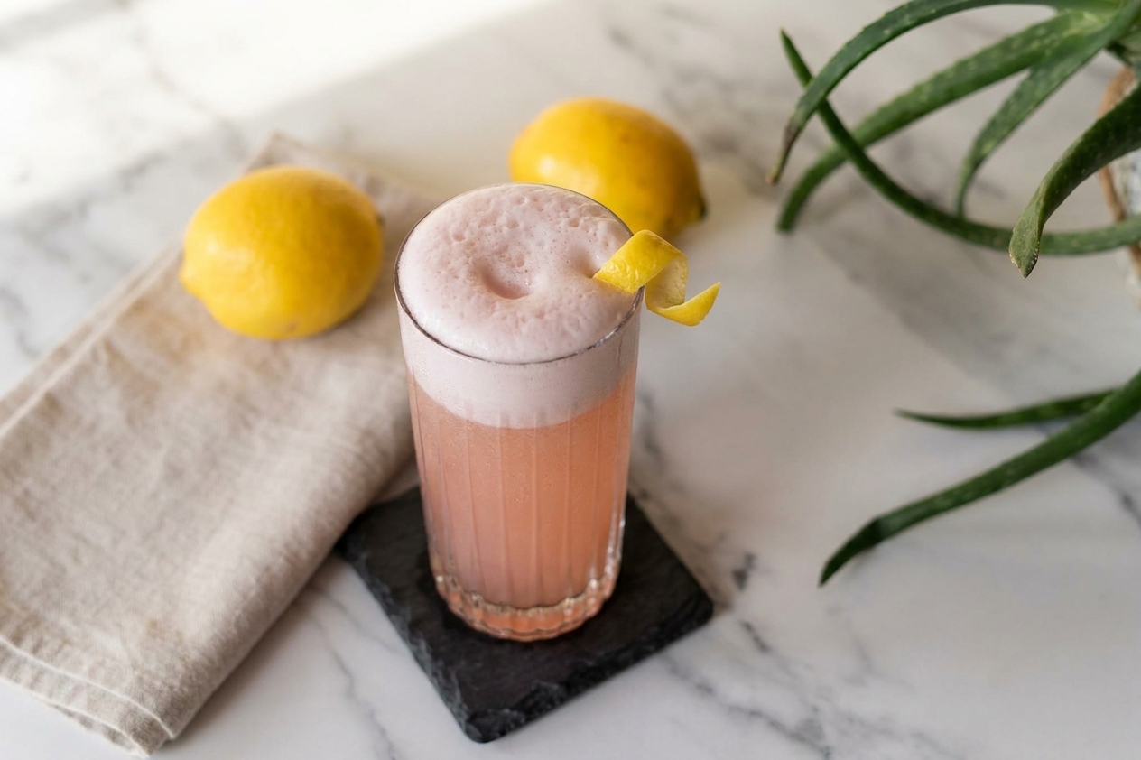 A finished sloe gin fizz in a tall glass with a lemon twist, condensation on the glass, set on a neatly styled table with a simple linen napkin