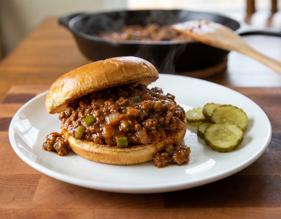 A finished sloppy joe sandwich on a plate with pickles on the side, the saucy beef mixture piled high on a toasted bun in a cozy kitchen setting