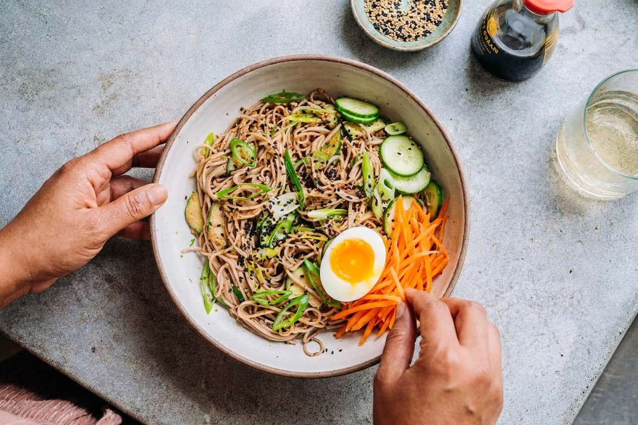 A finished soba noodle bowl topped with sesame seeds, sliced scallions, crisp cucumber, shredded carrots, and a halved soft-boiled egg