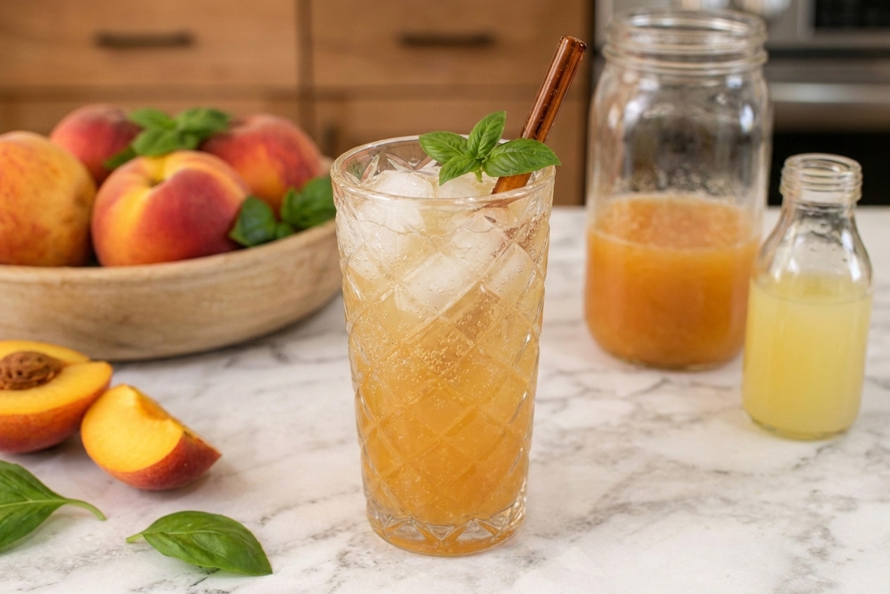 A finished sparkling peach ginger mocktail in a tall glass with ice and a fresh mint sprig garnish