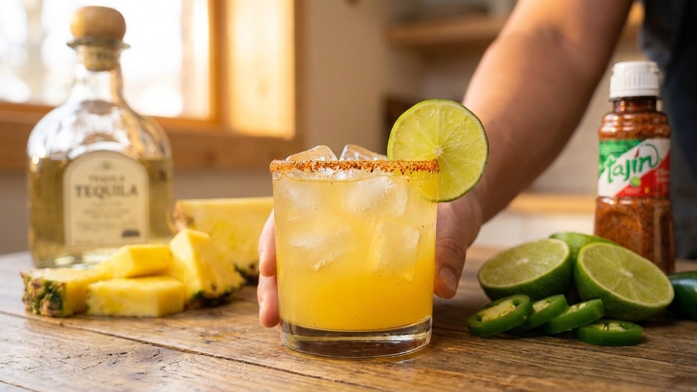A finished spicy pineapple tequila cocktail in a rocks glass with clear ice, a Tajín rim, and a lime wheel garnish on a wooden table setting