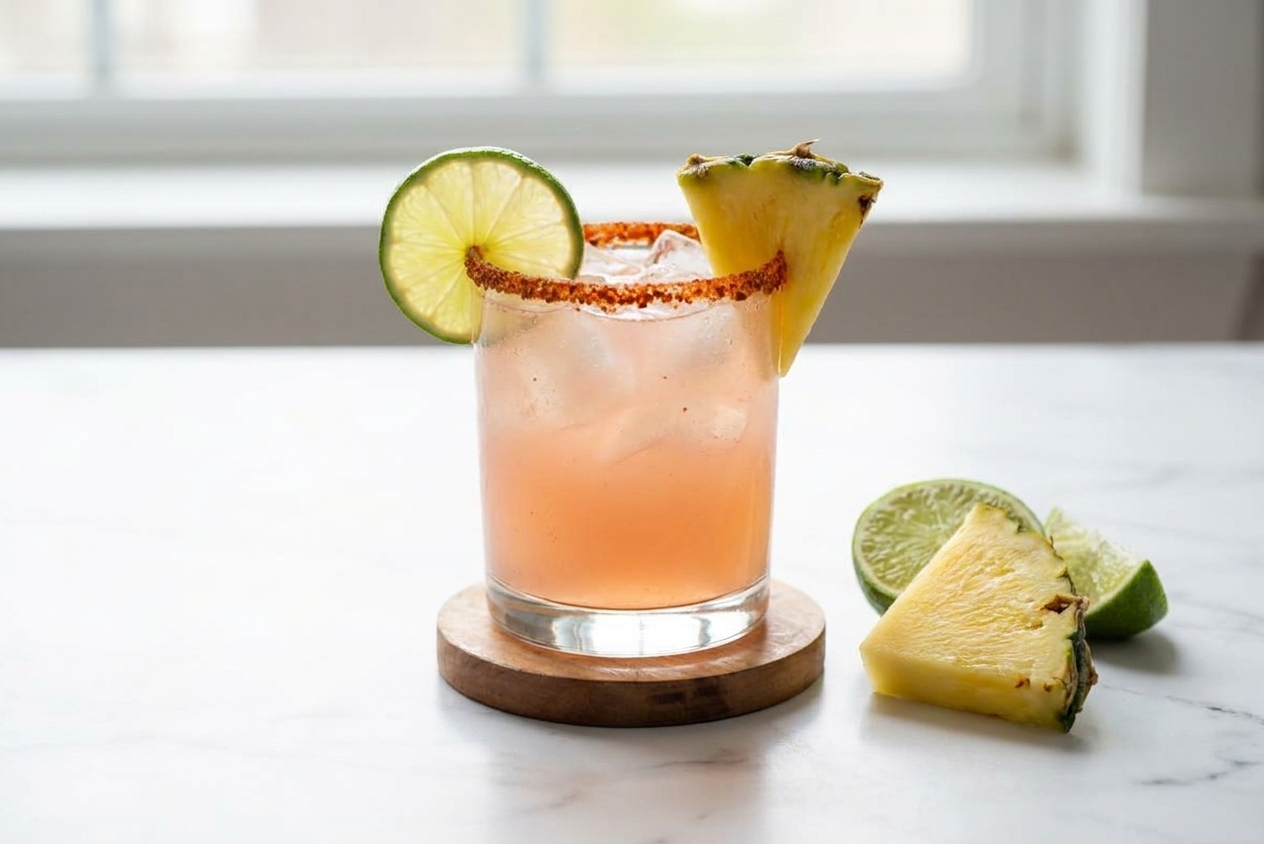 A finished spicy pineapple tequila paloma on a small coaster with a lime wheel garnish and a pineapple wedge beside it on a dining table