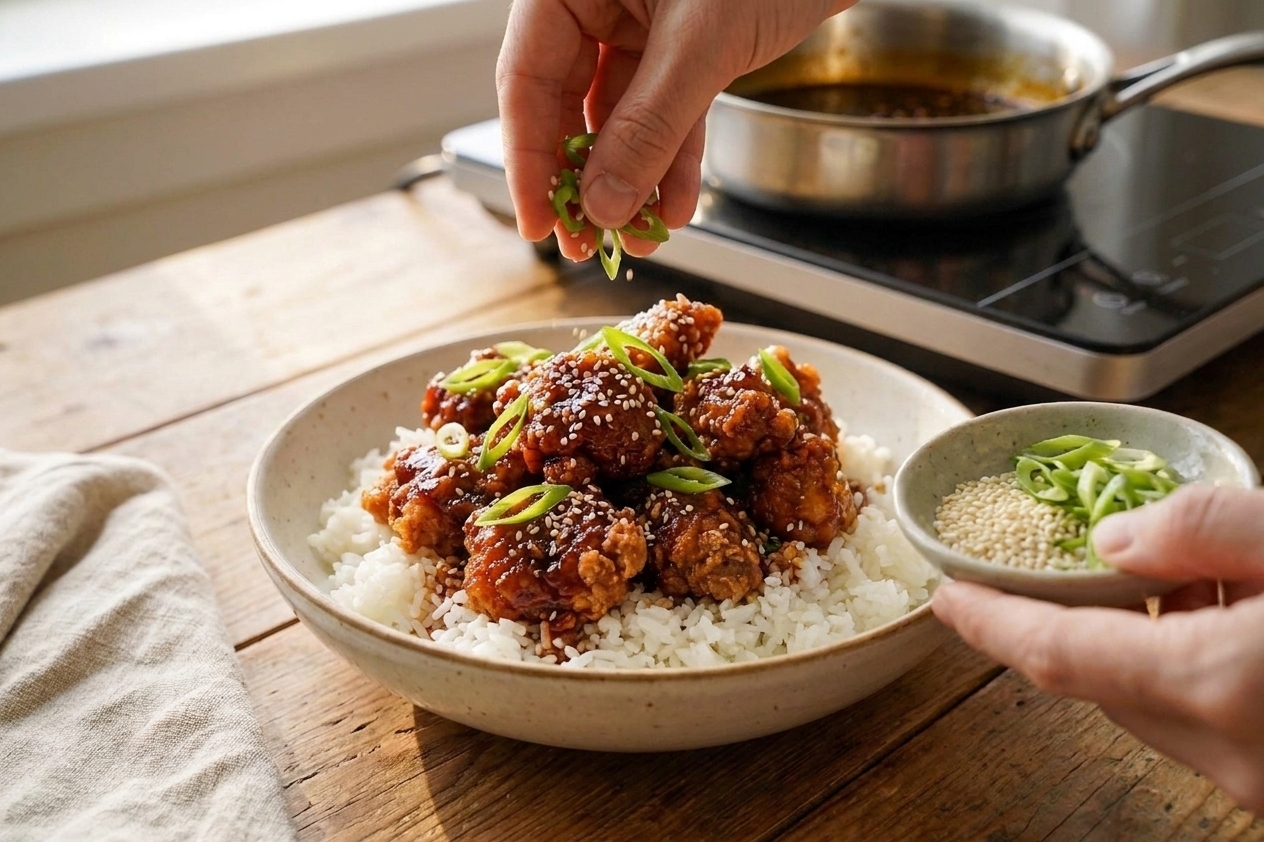 A finished sticky chicken rice bowl being topped with sliced scallions and sesame seeds on a wooden table, warm kitchen lighting