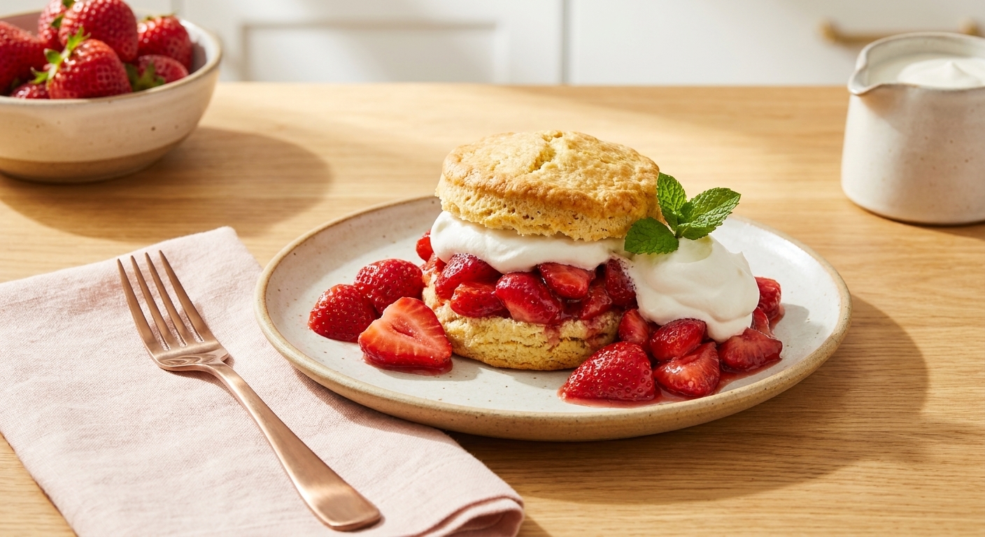 A finished strawberry shortcake on a dessert plate with a fork and napkin on a bright kitchen table, whipped cream and strawberries piled high