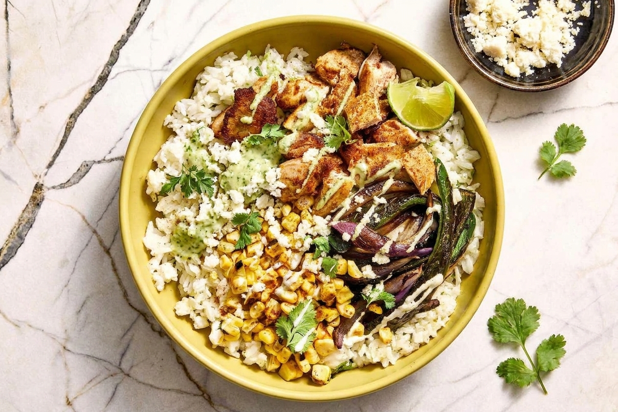 A finished street corn chicken rice bowl topped with cotija, cilantro, charred corn, and sliced chicken, with a lime wedge on the rim of the bowl
