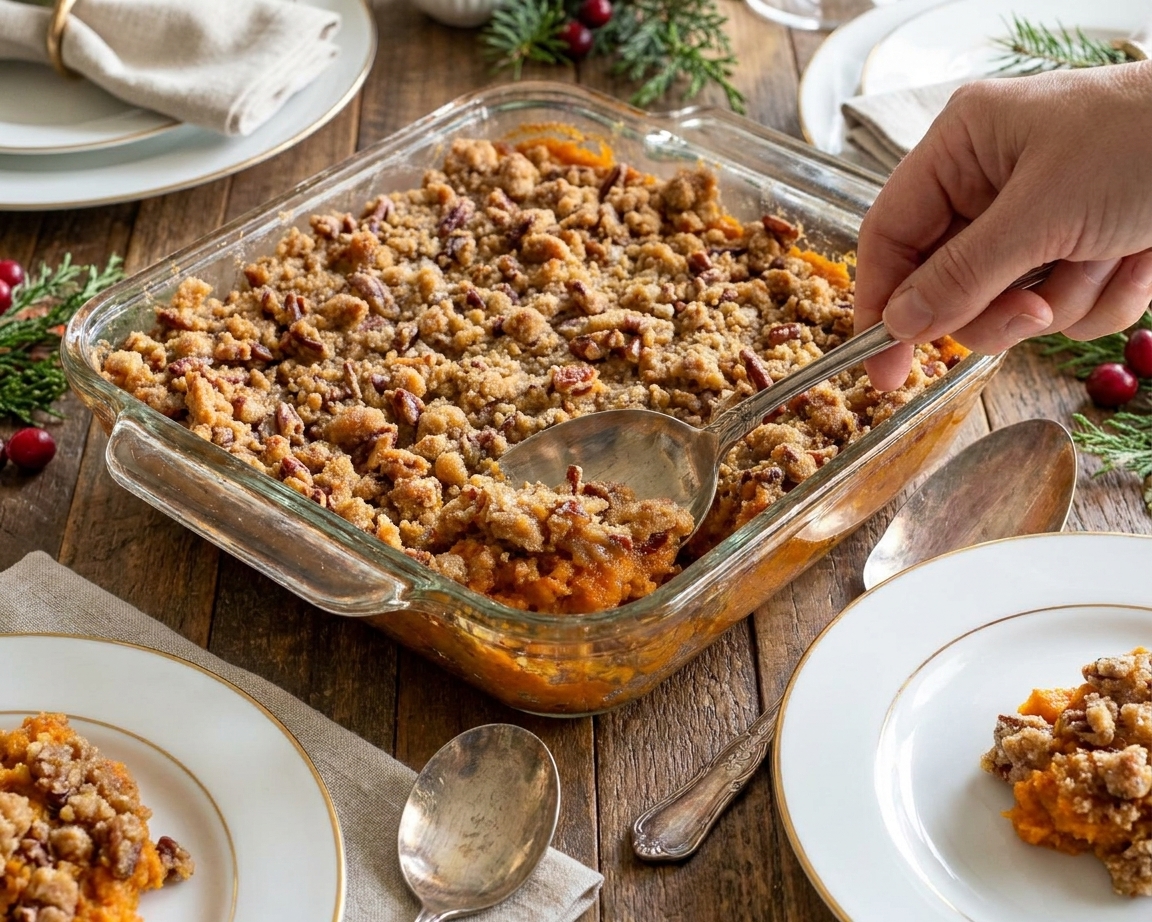 A finished sweet potato casserole with a golden pecan topping set on a holiday table with plates and serving utensils
