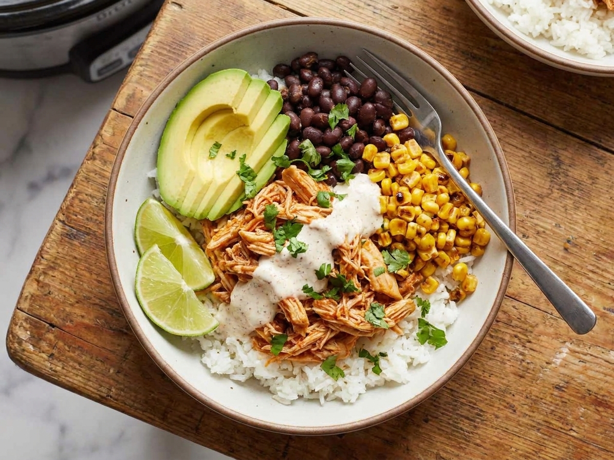 A finished taco bowl with rice, shredded slow cooker chicken, black beans, corn, avocado slices, cilantro, and lime wedges on a wooden table