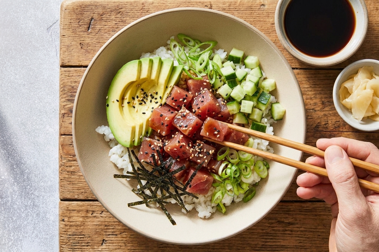 A finished tuna poke bowl topped with avocado slices, diced cucumber, scallions, sesame seeds, and nori strips on a wooden table setting