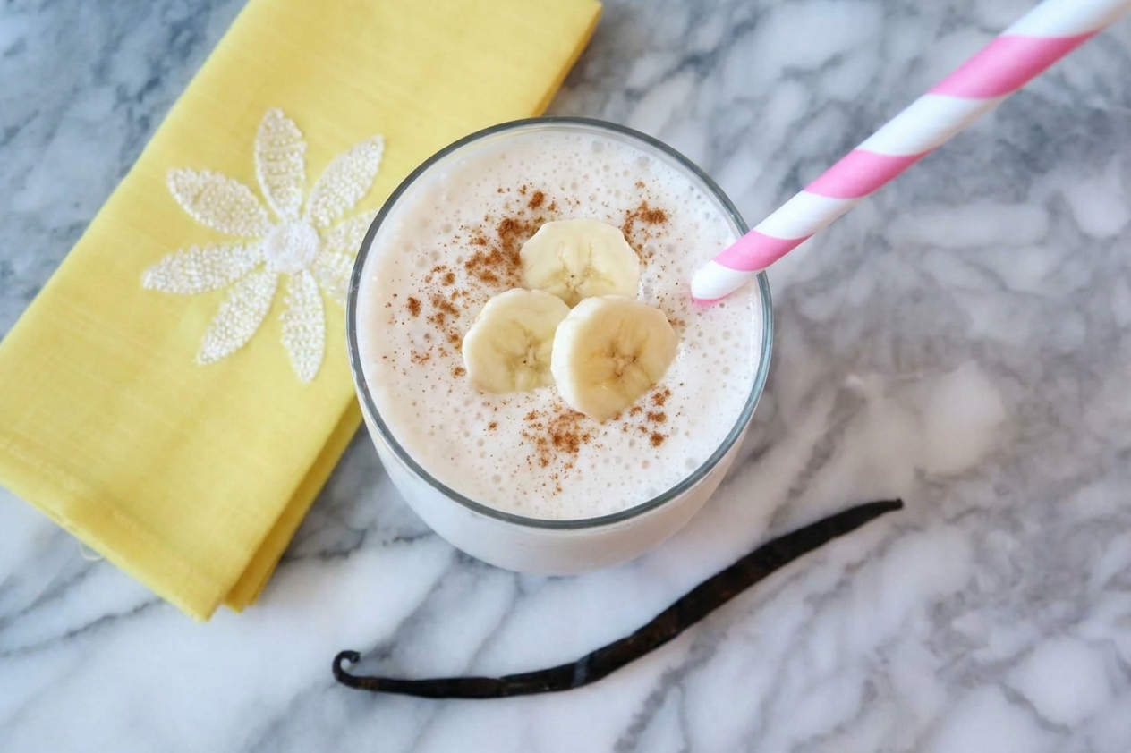 A finished vanilla protein smoothie in a clear glass topped with a light dusting of cinnamon and a few banana slices on the counter