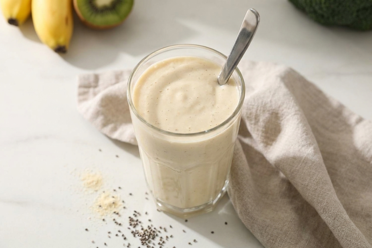 A finished vanilla protein smoothie served in a glass on a light stone kitchen counter with a spoon and napkin nearby