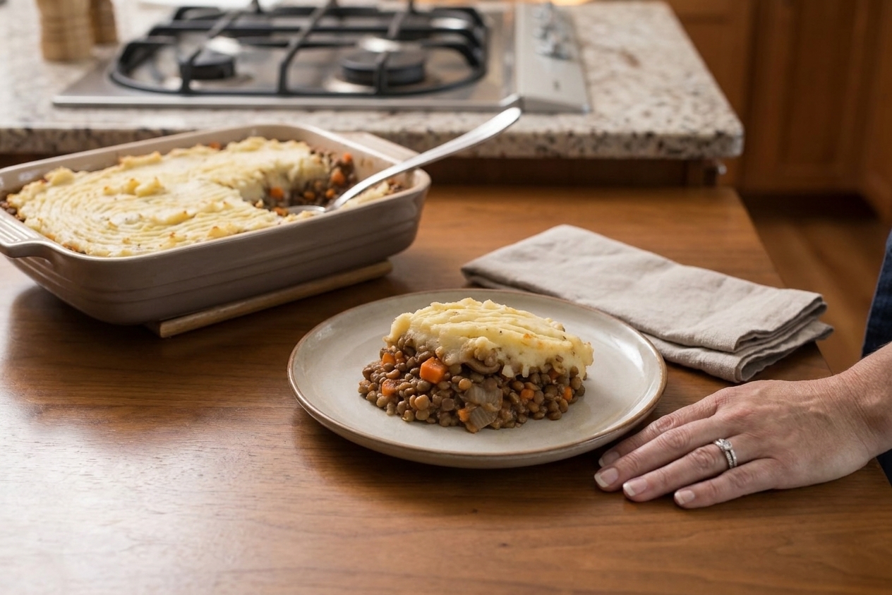 A finished vegan shepherd's pie on a dining table with simple plates and a serving spoon in warm evening lighting