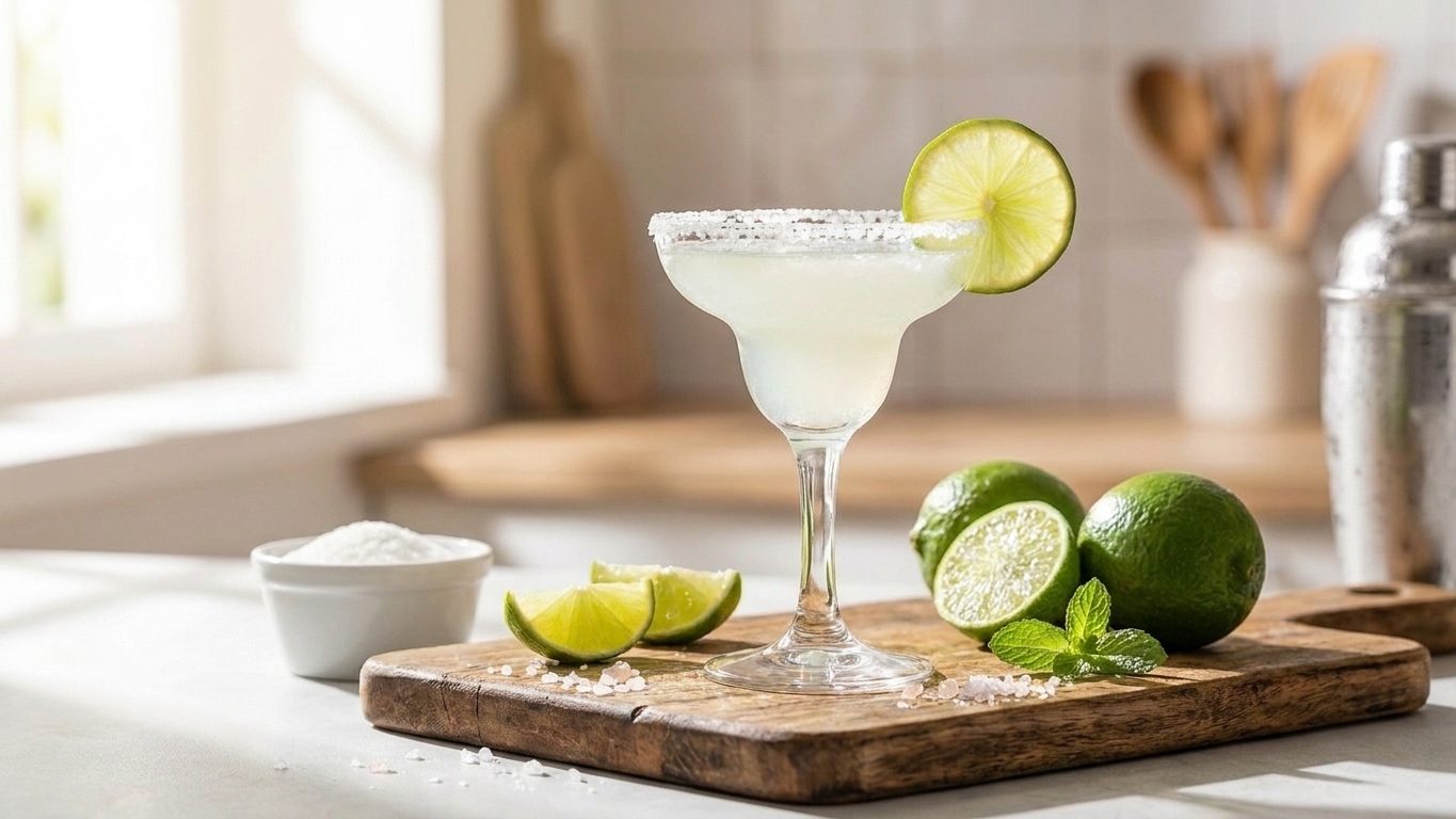 A finished virgin margarita with a salted rim and lime wheel garnish on a table, with extra lime wedges nearby