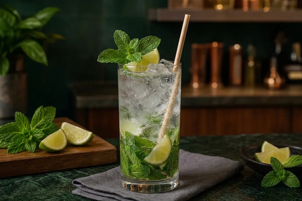 A finished virgin mojito with mint sprig and lime wedge on a simple table setting with a straw and napkin