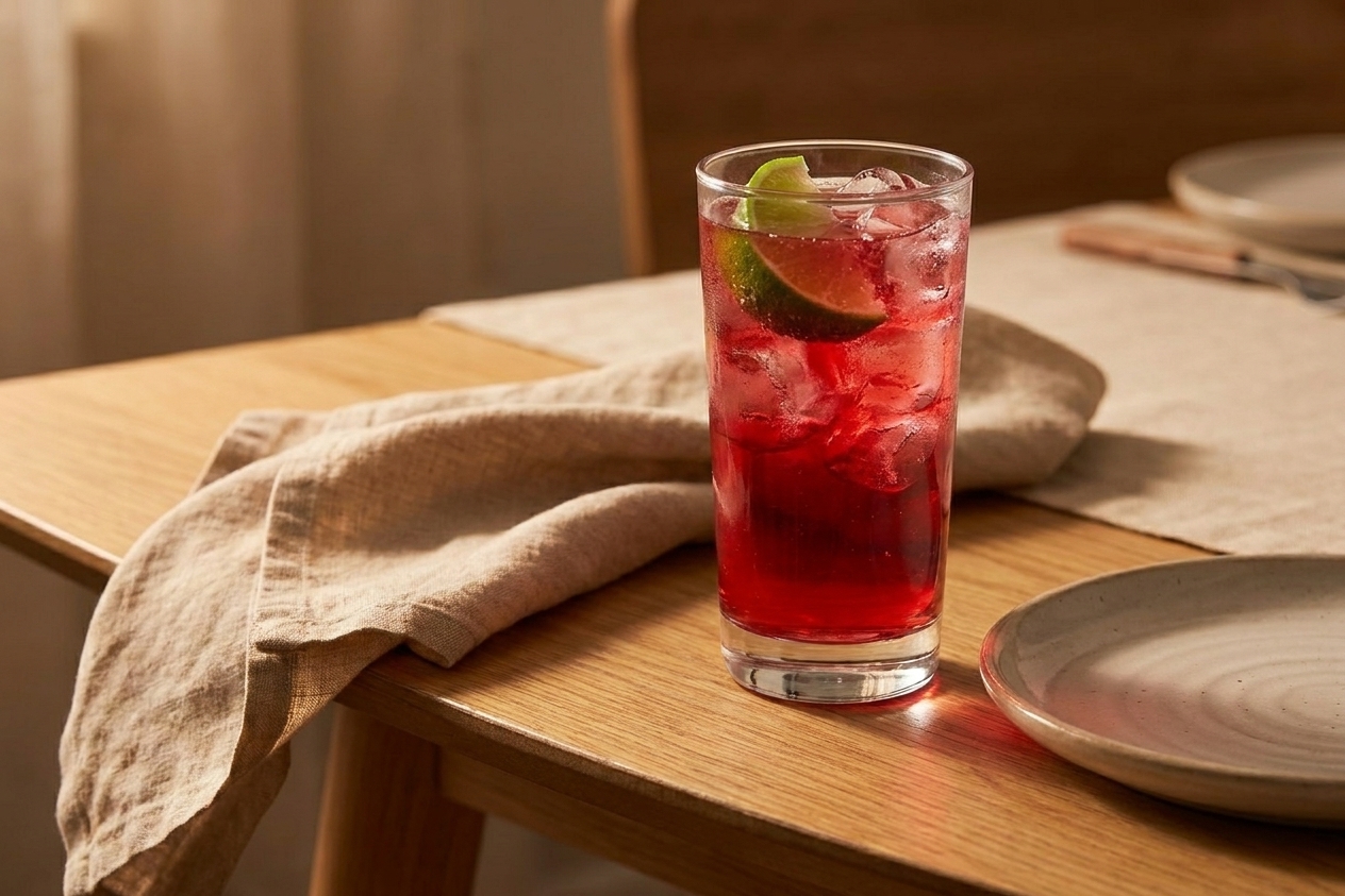 A finished vodka cranberry cocktail on a simple dinner table setting with a linen napkin and a small plate, warm evening lighting