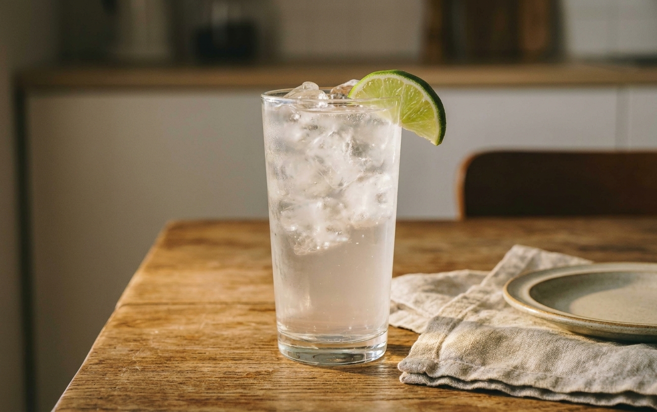 A finished vodka soda in a clear highball glass with a lime wedge, set on a simple dinner table with a napkin and small plate