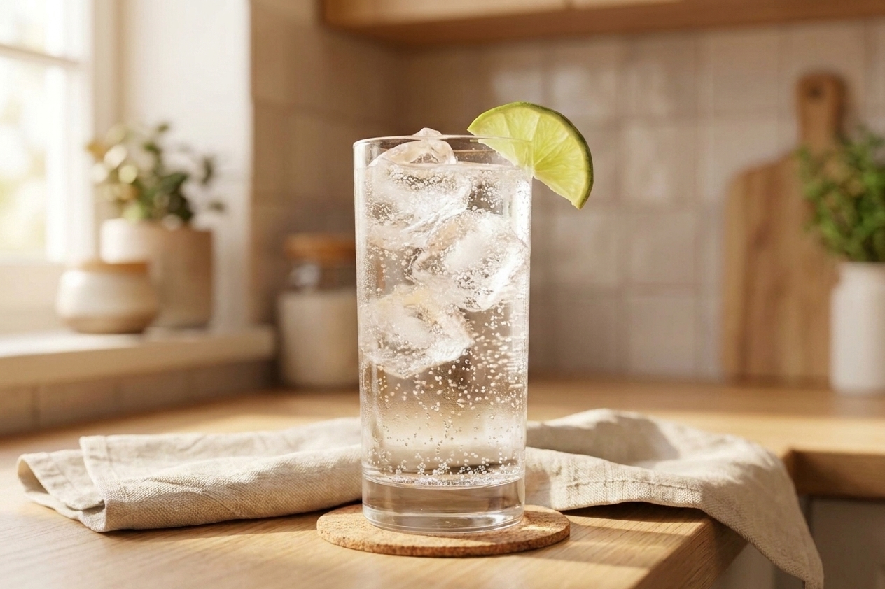 A finished vodka soda with a lime wedge garnish on a simple table setting with a napkin and coaster