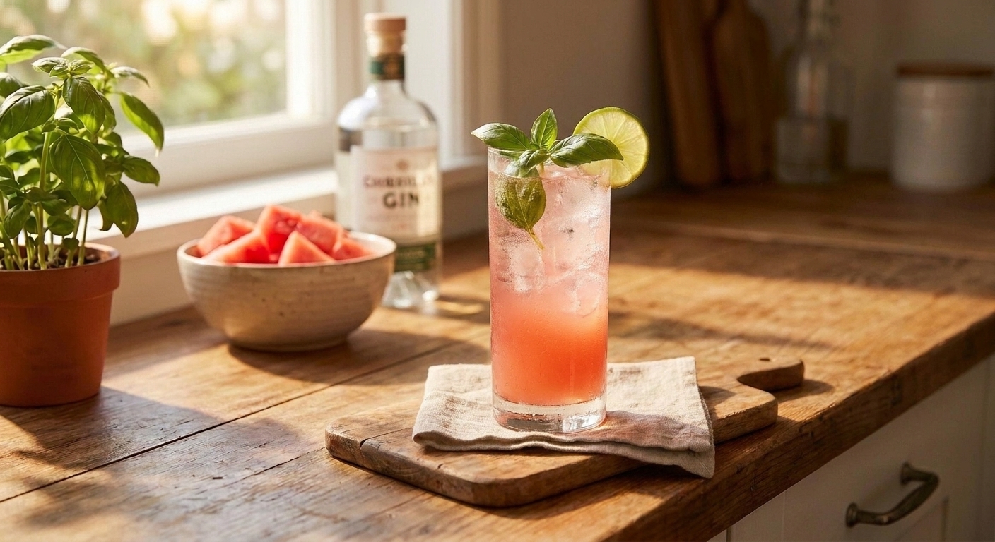 A finished watermelon basil gin spritz with ice, basil garnish, and a lime wheel on a small table setting near a sunny window