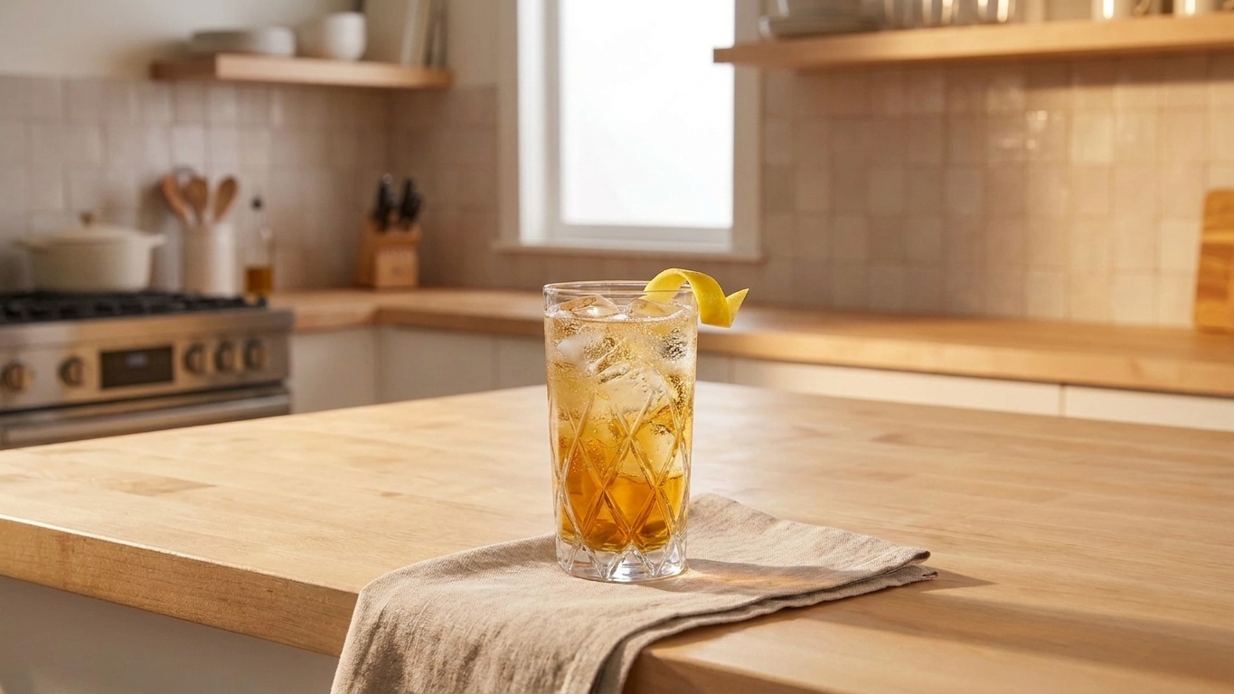 A finished whiskey highball in a tall glass with clear ice and a lemon twist, set on a simple table with a neutral napkin in warm evening light