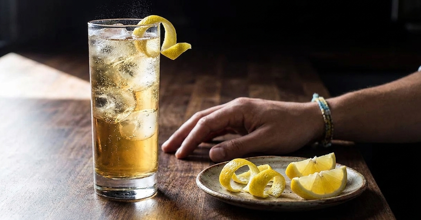 A finished whiskey highball on a simple table setting with a lemon twist and a small plate of citrus peels nearby in bright natural light