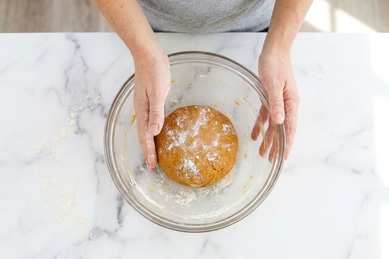 A firm ball of dog cookie dough resting in a mixing bowl with a light dusting of flour