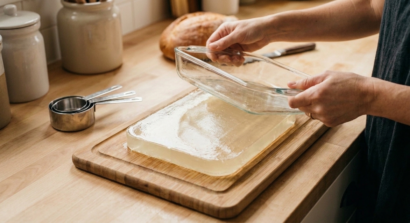 A firm sheet of gelatin inverted from a square baking dish onto a cutting board ready for cutting