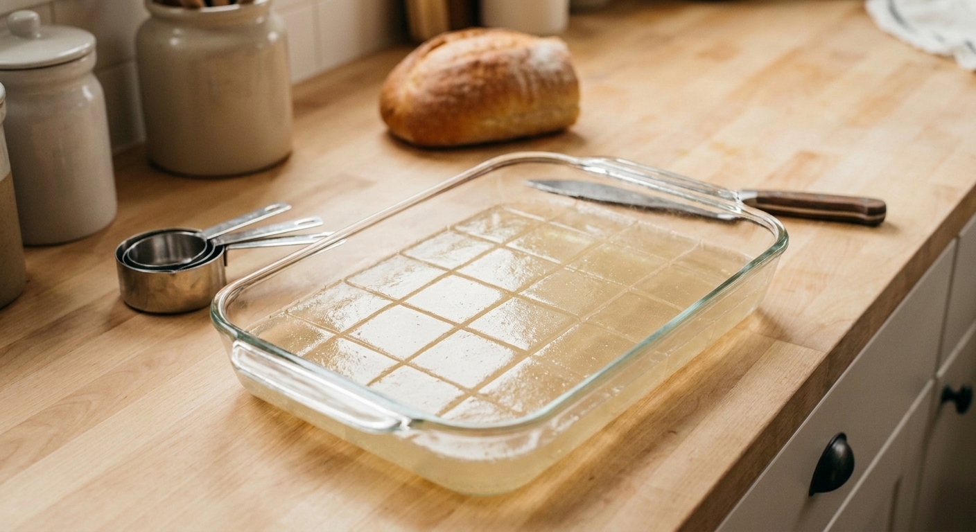 A firm sheet of gelatin sliced into neat squares in a glass baking dish on a kitchen counter
