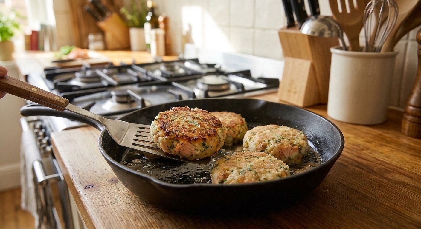 A fish spatula flipping a salmon fish cake in a skillet, showing a crisp golden brown crust