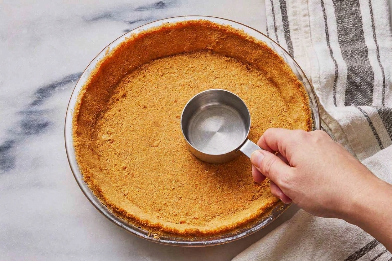 A flat-bottom measuring cup pressing the crumb mixture into the bottom and sides of a pie dish for an even crust