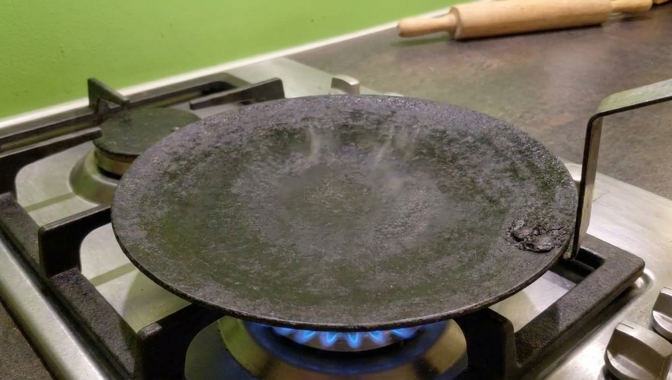 A flat cast iron skillet on a stovetop burner heating up in a simple home kitchen