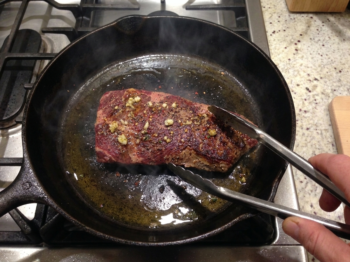 A flat iron steak searing in a hot cast iron skillet with visible browning and a light sheen of oil