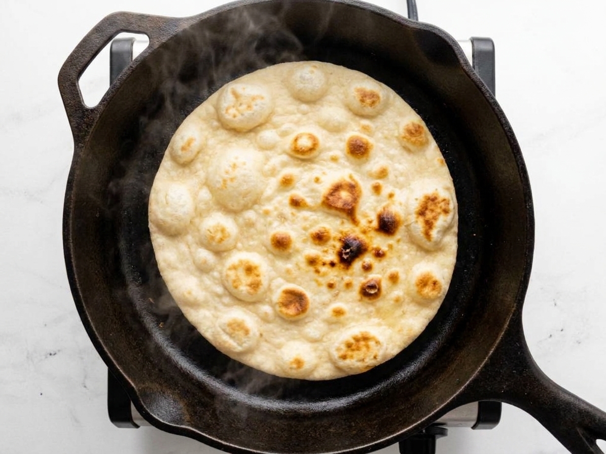 A flatbread round cooking in a cast iron skillet with visible bubbles and golden brown blistered spots forming