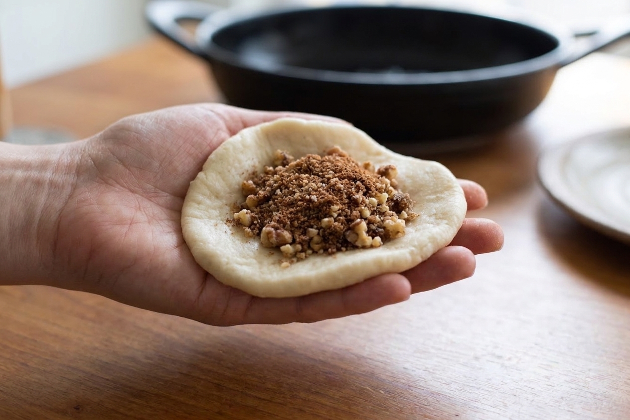 A flattened dough round in a palm with brown sugar cinnamon filling in the center, ready to be pinched closed into a sealed ball