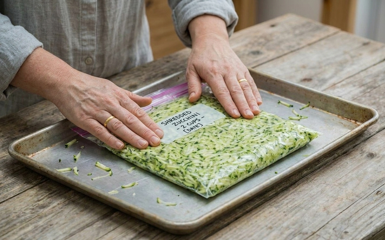 A flattened freezer bag filled with shredded zucchini laid on a baking sheet, ready to go into the freezer